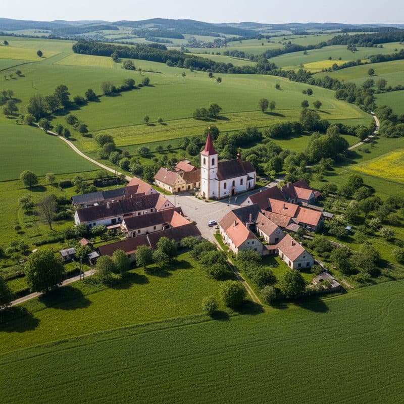 Česká obec — letecký pohled na vesnici s kostelem