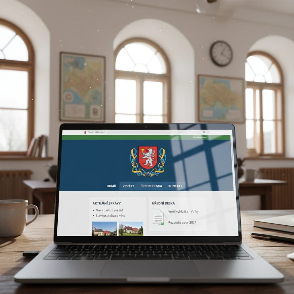 Moderní obecní web na obrazovce notebooku v kanceláři radnice